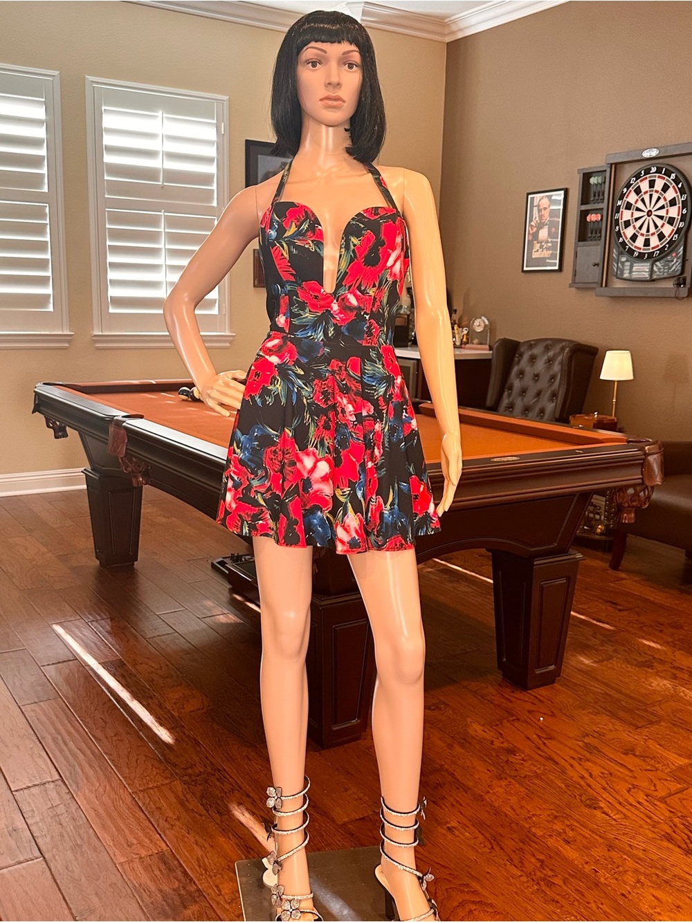 bebe Black Halter Mini Dress with Red Floral Print